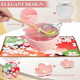 GAESHOW 7-teiliges Matcha Set, Rosa Kirschblüten Matcha Besen Set, 530 ml/18 oz, Macha Tea Set Geschenk mit Matcha-Schale aus Keramik, Edelstahlfilter, Bambus Besen, Löffel