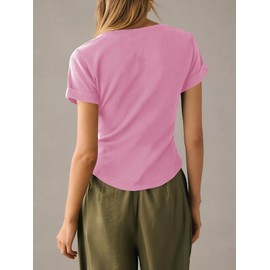 Tankaneo Women Deep V Neck Low Cut Tops Casual Ribbed Knit Henley T-Shirts Summer Short Sleeve Tees Hot Pink