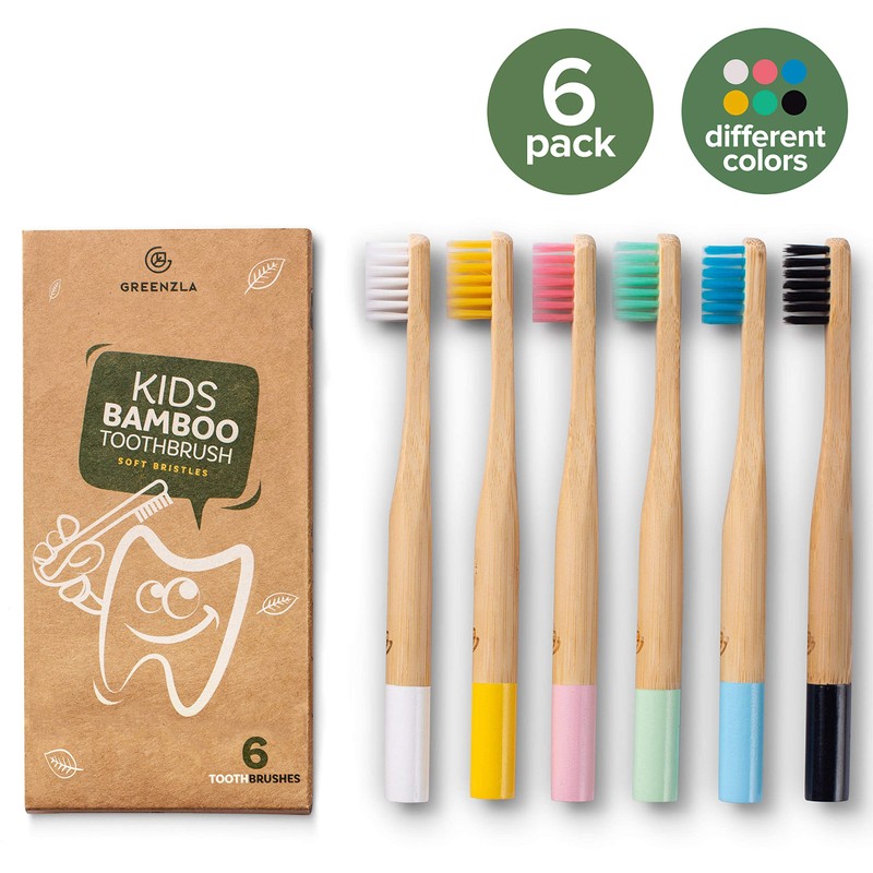 GREENZLA Kids Bamboo Toothbrushes (6 Pack) BPA Free Soft Bristles