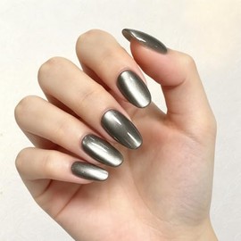 Uñas postizas cuadradas con forma de ojo de gato, color gris claro plateado, calidad profesional, 12 tamaños, juego de 24 piezas con pegamento en gel,