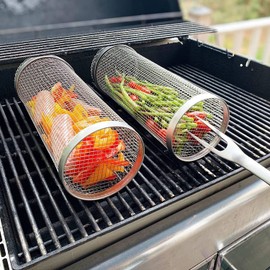 DMFC 2pcs Rolling Grilling Basket Stainless Steel Rolling Grill Baskets for Outdoor Grill Round BBQ Basket Camping Grill Suitable for Vegetable, Fries, Fish (8.6X3.6X3.6in)