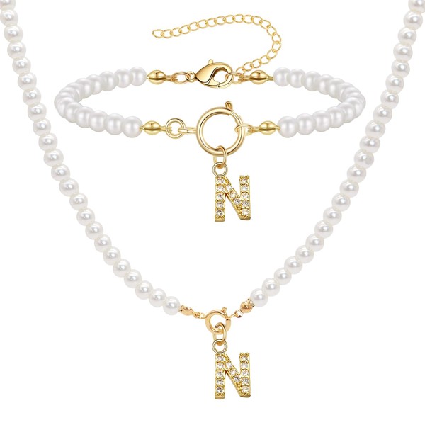 ZENGSING Initial Pearl Necklace Bracelets Set Women's Pearl Jewellery Set