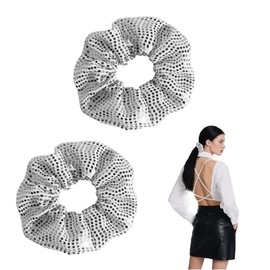 2Pcs Summer Chiffon Scrunchies for Women,White Sequins Satin Hair Scrunchies for Thick Curly Hair Ties Large Hair-Elastic Bands Ponytail Holder Summer Hair-Accessories for Women Girls Gifts