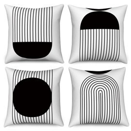 Boho Cushion Cover, 40 x 40 cm, Set of 4, Hnmdmyi Black and White Mid Century Abstract Geometric Arch Sun Decorative Cushion Covers Modern Minimalist Linen Cushion Cover for Sofa Couch Outdoor Home Decor