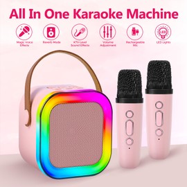 Mini Karaoke Machine for Kids Adults, Portable Bluetooth Speaker with 2 Wireless Mic, Karaoke Machine with Voice Changing Effect Colorful Lights Birthday Gifts for Kids Ages 4, 5, 6, 7, 8, 9, 10, 12+
