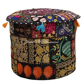 DK Homewares Ethnic Round Hassock Pouffe Black Patchwork Embroidered Cotton Furniture Puff Cover Decorative Ottoman Footrest Stool Seat Furniture | (18 x 18 x 13 Inches / 45 cm) Cover Only