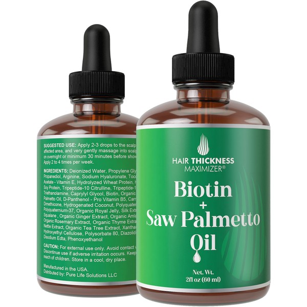 Biotin + Saw Palmetto Oil For Hair Growth. With Vitamin E, Rosemary Extract, Amla. Vegan Thickening, Moisturizing, Strengthening Serum For Women, Men. Scalp Treatment For Weak, Dry Hair 2oz