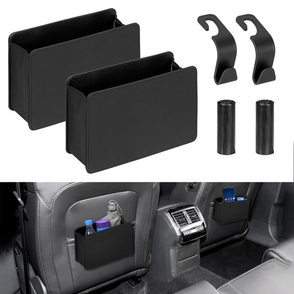 Corpower Pack of 2 Car Dustbin Small + Car Seat Hook, Foldable Car Rubbish Bin, Rubbish Bin for Car, PU Leather Car Bin, Car Hanging Storage Box, Car Organiser, Black (with Bin Bags)