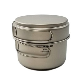 TITAN MANIA Titanium Cooker Set, 900ml + 350ml (30.4 + 11.8 fl oz), Solo Camping, Deep Type, Lid Included, Ultra Lightweight, Durable, Direct Flame, Compact, 2-tier type, Folding Handle Included, Kocher, Pot, Cookware, Barbecue, Outdoor, Camping Equipmen