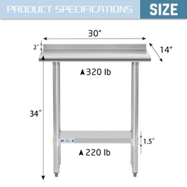 Hally Stainless Steel Table for Prep & Work 14 x 30 Inches, NSF Commercial Heavy Duty Table with Undershelf and Backsplash for Restaurant, Home and Hotel