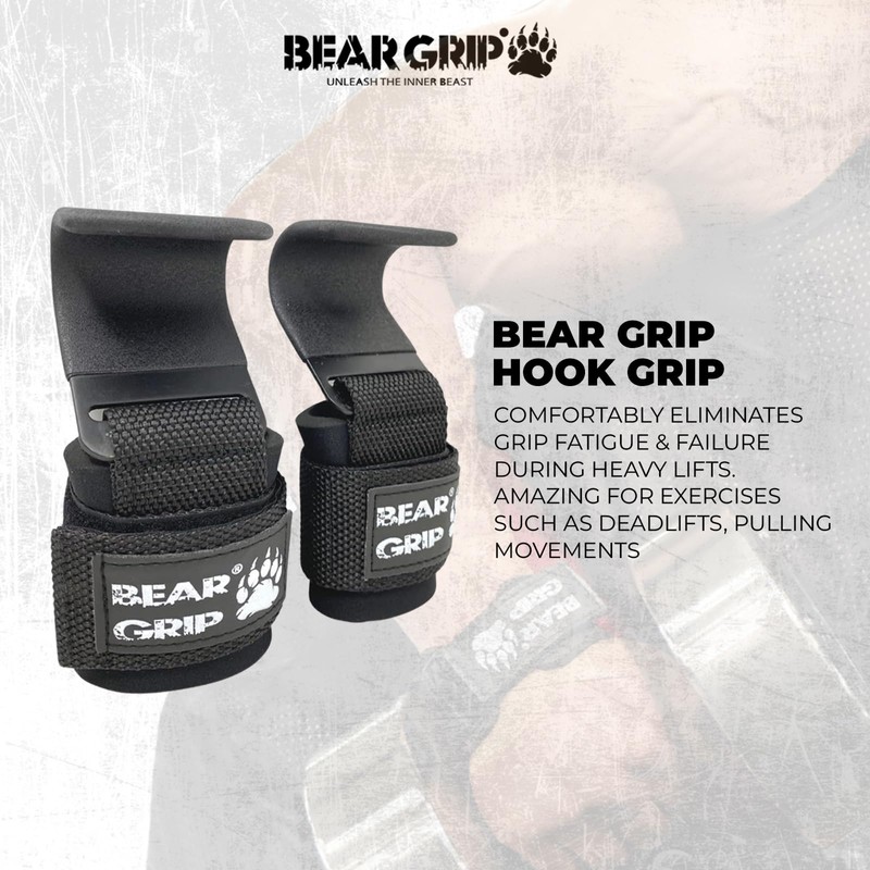 BEAR GRIP Weight Lifting Hooks, Non-Slip Rubberised Grips (Black)