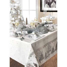 Lex's Linens Christmas Tablecloth with a Silver Lurex Christmas Forest Print on a Crisp White Background (52 x 90)