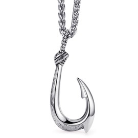 vicima Stainless Steel Fish Hook Necklace for Men, Maui Hook Necklace Nautical Lucky Charm Jewelry Double-Sided 3D Hawaiian Makau Pendant with 24" Wheat Chain