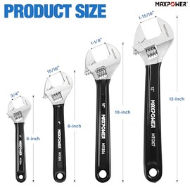 MAXPOWER Juego de Llaves Ajustables, 4 Piezas de Llaves Ajustables de 6 Pulgadas, 8 Pulgadas, 10 Pulgadas y 12 Pulgadas, Escalas Métricas y SAE, Juego de Llaves con Mandíbula Extra Ancha y Empuñadura