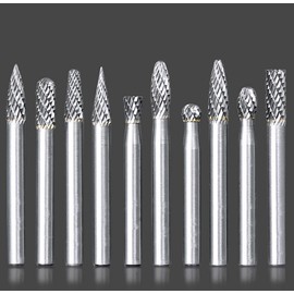 10pcs Carbide Burrs Set, 1/4"Cutting Diameter 1/4"(6mm) Shank Diameter Double Cut Solid Carbide Rotary Burr Set for Die Grinder Drill, Metal Carving, Polishing, Engraving, Drilling
