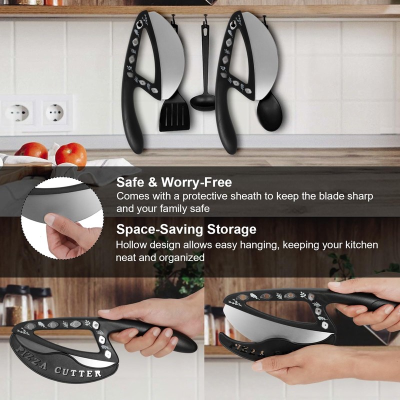 2-in-1 Pizza Cutter Rocker Blade with Herb Stripper Holes, Sharp