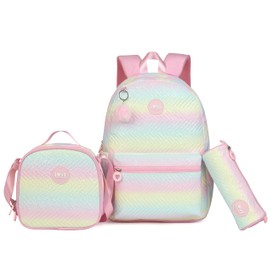 kingdisen School Backpack Set for Girls, Lightweight Rainbow Pastel Teen Girls School Backpack with Lunch Bag Laptop Backpack Daypack (Yellow Rainbow)