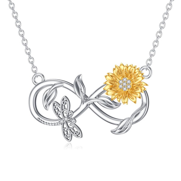 LWXIE Diamond Sunflower Infility Necklace 925 Sterling Silver Dragonfly Infinity