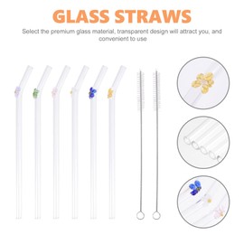 Kichvoe 6pcs Glass Straws with Design Flower Glass Straws Reusable Drinking Straws Juice Straws with 2 Brushes for Home Party