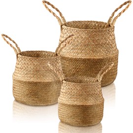 Set of 3 Pieces Woven Seagrass, Hand Woven Belly Basket for Storage Basket, Laundry, Picnic, Plant Pot Cover, Beach and Grocery Basket (Small, Medium and Large)