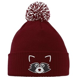 Hippowarehouse Cute Raccoon Face Embroidered Beanie Hat with Bobble Maroon