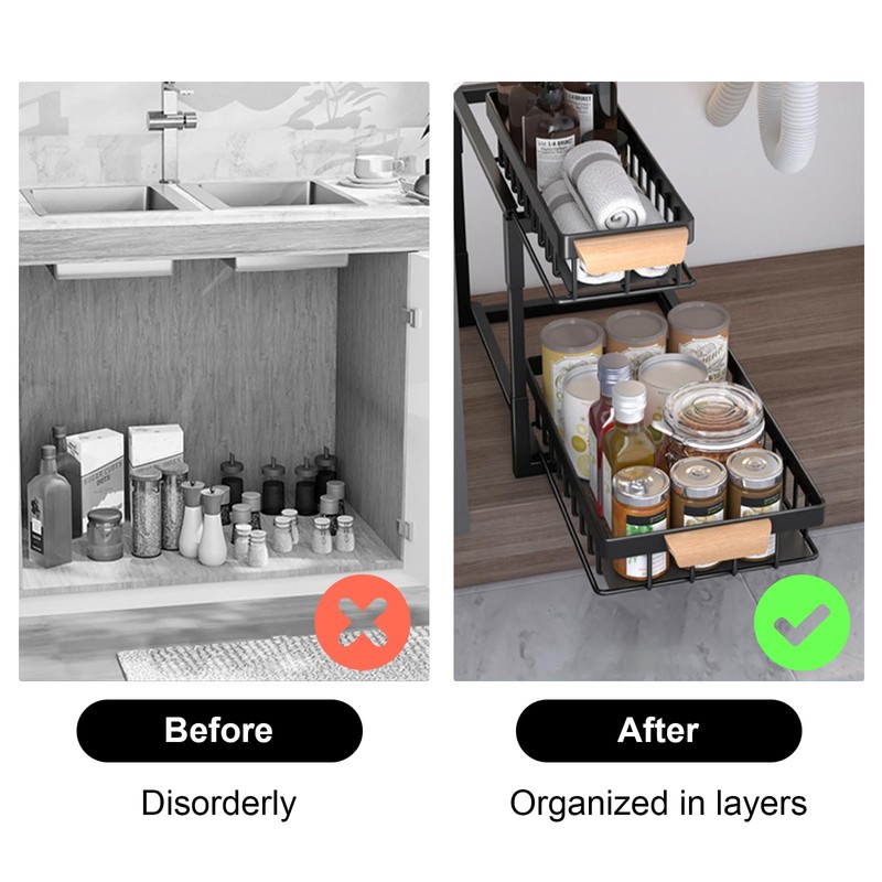 HEVOY 2-Tier Sliding Under Sink Organizer, L-shape Pull Out Cabinet