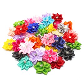 Multi Coloured 25mm Satin Ribbon Flowers with Rhinestone Diamante Centre, Craft Flowers (10)