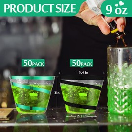 Gejoy 9 oz Rimmed Swirl Plastic Cups Disposable Wine Cups Hard Plastic Drinking Cups Clear Cups Elegant Wedding Tumblers for Engagement Single Party Supplies(Black,green,100 Pcs)