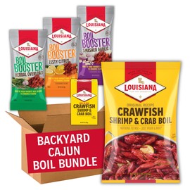 Louisiana Fish Fry Products Backyard Cajun Seafood Boil Bundle - 4.5 lb Boil Seasoning, Herbal Overload, Smashed Garlic and Zesty Citrus Boil Boosters, 3 oz Boil Seed Bag - All In One Gift Pack