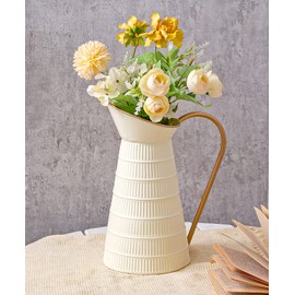 Elegant Cream/White Metal Pitcher Vase, Farmhouse Galvanized Flower Vase, Rustic Decorative Milk Jug for Home Decor, 10.8''H