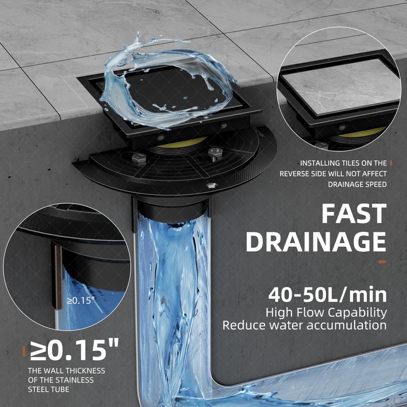 BAOTIYA 4 Inch Square Black Shower Drain Kit with Flange