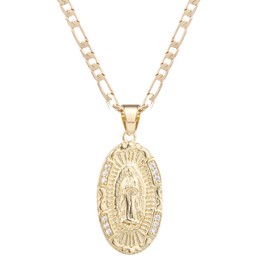 yipima 14K Gold Plated Guadalupe Virgin Mary Oval Zircon Inlay Pendant Necklace for Women Men 3mm Flat Figaro Chain Necklace 18/22 inches