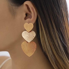 Vacaonio Boho Gold Hammered Heart Stud Earrings Three Heart Earrings Large Heart Dangle Drop Earrings Metal Textured Heart Earrings Heart Shape Statement Earrings Jewelry for Women