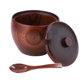 Wood Salt and Pepper Bowl, Spice Box, Sugar Bowl Salt Salt Cellar and Spices Storage Box Pepper Seasoning Pinch Pot with Built-in Spoon and Lids for Kitchen Tool