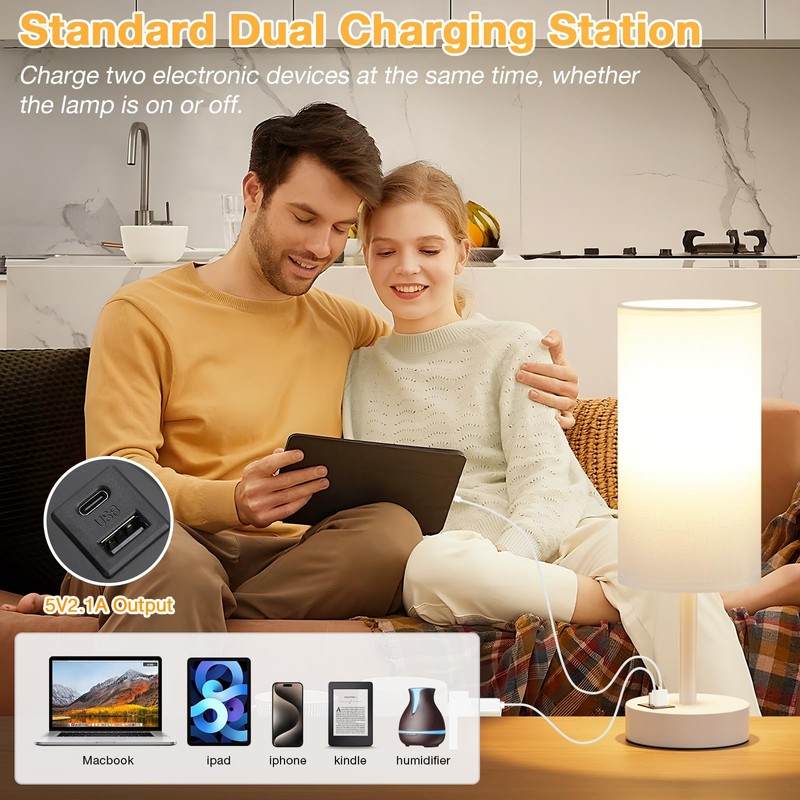 White Touch Bedside Lamp for Bedroom - 3 Way Dimmable