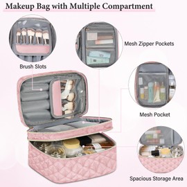 IGOLUMON Makeup Bag Toiletry Bag Women Travel Cosmetic Bag Waterproof Toiletries Bag Quilted Make Up Bag Organizer Double Deck Makeup Bags Cosmetic Makeup Pouch Skincare Bag Portable Pink