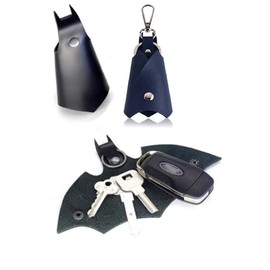WOO LANDO Set of 2 Superhero Bat Key Fob Faux Leather Key Case for Men and Women for Various Car or Motorcycle Keys, Black-Blue
