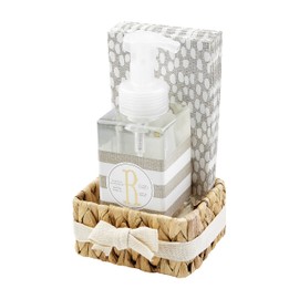 Mud Pie, Letter R Initial French Vanilla Scented Hand Towel Set, soap 17 oz | Napkins 7 3/4" x 4" | Basket 2 1/2" x 4 1/4" x 3 1/2"