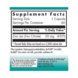 Nutricology Zinc Citrate Supplement - Zinc for Men & Women, Immune Support, Pure, Well-Absorbed, Well-Tolerated, Trace Mineral, 50mg Vegetarian Capsules - 60 Count