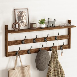 AMBIRD Wall Hooks with Shelf 28.9inch Entryway Wall Hanging Shelf, Wood Coat Hooks, Coat Rack Wall Mount Rack with 5 Dual Hooks, Glasses Organizer and Hat Organizer