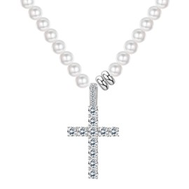 Krfy Pearl Necklace for Men Women Choker Necklace with Cubic Zirconia Cross Pendant Extend Clasp Easy to Wear Daily Jewellery, Cubic Zirconia