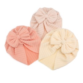 DRESHOW BQUBO 3 Pieces Newborn Baby Turban Hats Bow Baby Infant Beanie Breathable Toddler Cap for Baby Girls 3-12 Months