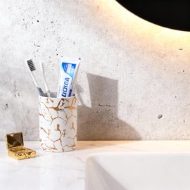 Gold Marble Bathroom Toothbrush Holder, Bathroom Black and White Ceramic Toothbrush Holder, Modern Toothbrush Box, Used for Bathroom countertop Storage Rack, Gold Marbling Bathroom Decoration (White)