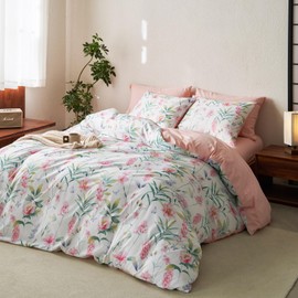Wake In Cloud - Floral Comforter Set, Cottagecore Aesthetic Botanical Flower and Tree Leaves, Soft Lightweight Bedding for Women Teen Girls, 3 Pieces, Pink Green, Twin Size