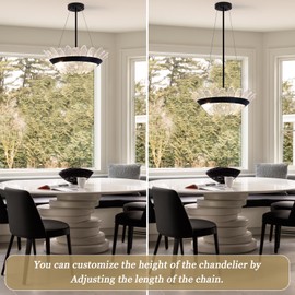 TMMAYSUN 17.7" Modern Black Crystal Chandelier, 4-Light Adjustable Height Round Drum Pendant Light with Seedy Glass, for Dining Room, Kitchen Island, Foyer