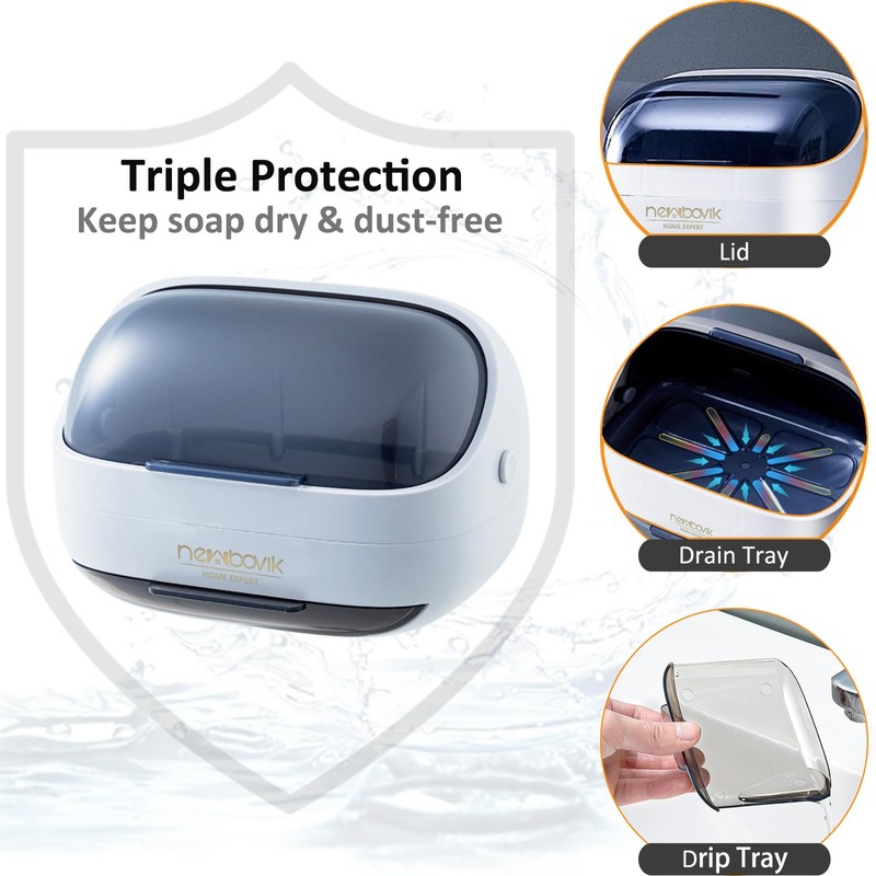 NEWBOVIK Soap Holder with Lid, Premium ABS Soap Dish with