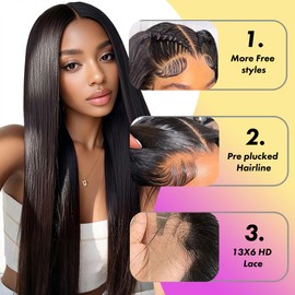 VCVVCV Black Straight Wig Human Hair 13x6 Hd Lace Front Human Hair Wigs For Black Women Glueless Lace Front Wigs Pre Plucked 180% Density 22 Inch