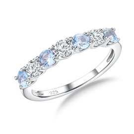 RANDES Sterling Silver Aquamarine Ring March Birthstone Ring Cubic Zirconia Half Eternity Bands 7 Stone Blue Rings for Women Size 10