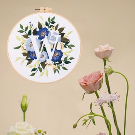 IUHUI Embroidery Kit for Beginners Adults - 26 Floral Letters Easy Patterns, DIY Hand Stitching Embroidery Set with Hoop (Flower and Grass Letter W)