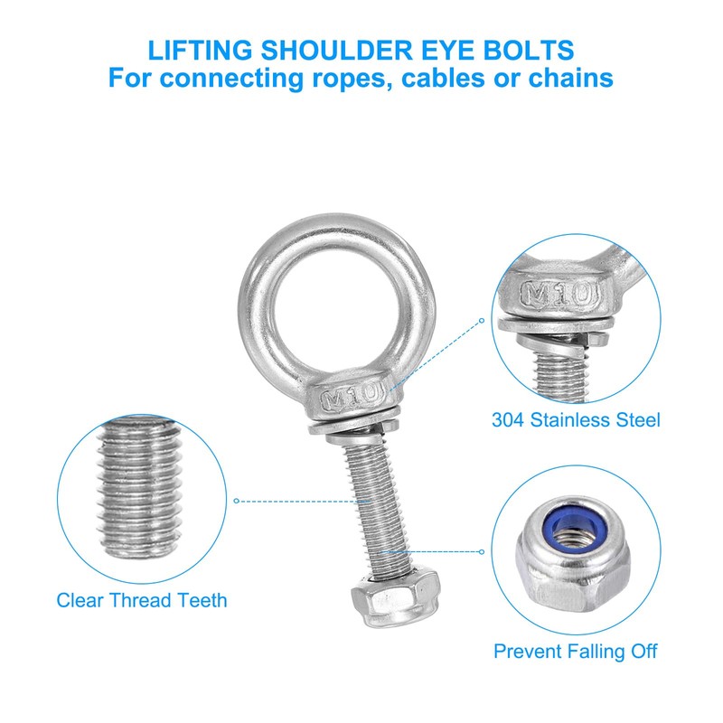 PATIKIL Lifting Shoulder Eye Bolts, M10x40 304 Stainless Steel Male